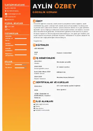 Güzellik Uzmanı Cv Örnekleri  cv indir